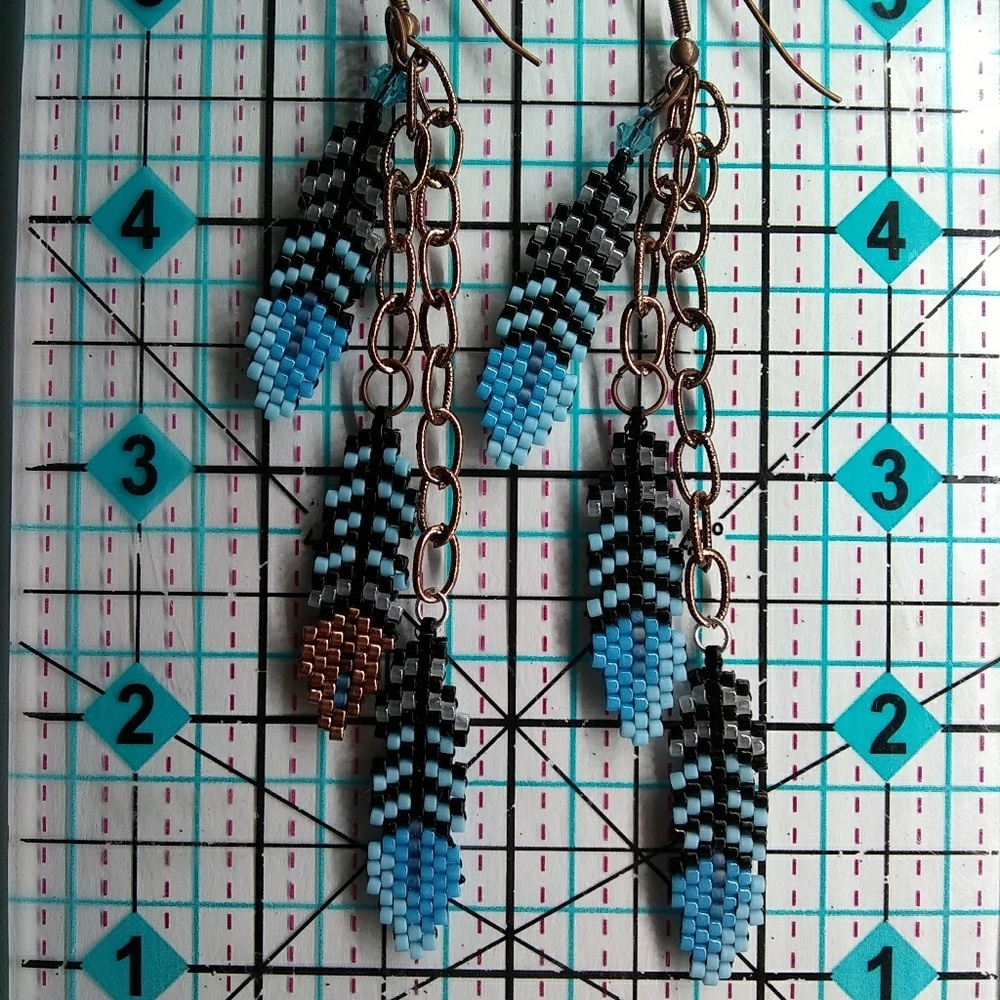 Beaded Handmade Turquoise Feather Long Earrings - Picture 4 of 6